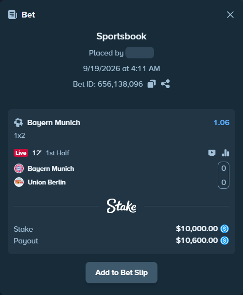 Bet slip: Bayern Munich - Union Berlin, $10,000.00 stake at 1.06 odds, placed by floutp451