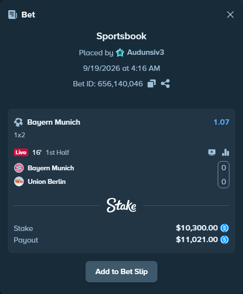 Bet slip: Bayern Munich - Union Berlin, $10,300.00 stake at 1.07 odds, placed by Audunsiv3