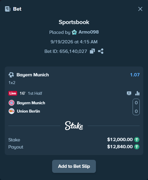 Bet slip: Bayern Munich - Union Berlin, $12,000.00 stake at 1.07 odds, placed by Armo098