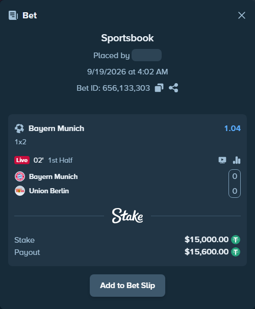 Bet slip: Bayern Munich - Union Berlin, $15,000.00 stake at 1.04 odds, placed by Chrisignacio98