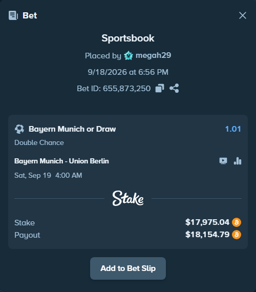 Bet slip: Bayern Munich - Union Berlin, $19,742.45 stake at 1.01 odds, placed by megah29