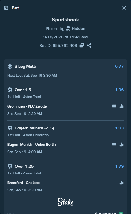 Bet slip: Bayern Munich - Union Berlin, $20,020.00 stake at 1.93 odds, placed by Hidden