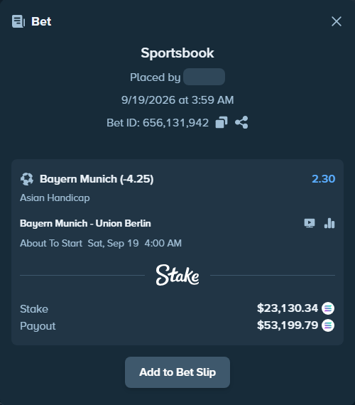 Bet slip: Bayern Munich - Union Berlin, $23,378.59 stake at 2.30 odds, placed by Pastrrr