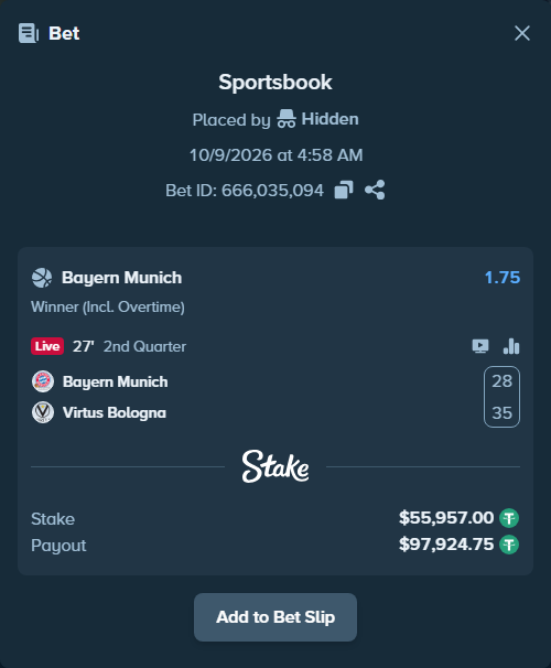 Bet slip: Bayern Munich - Virtus Bologna, $56,012.96 stake at 1.75 odds, placed by Hidden