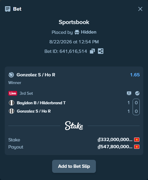 Bet slip: Bayldon B / Hilderbrand T - Gonzalez S / Ho R, $13,280.00 stake at 1.65 odds, placed by Hidden