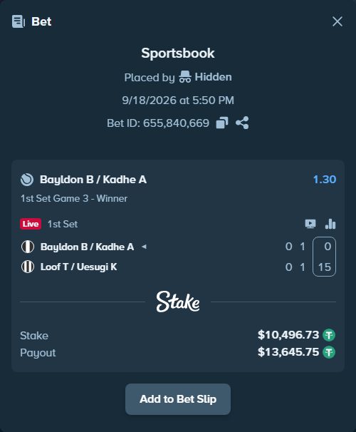 Bet slip: Bayldon B / Kadhe A - Loof T / Uesugi K, $10,507.23 stake at 1.30 odds, placed by Hidden