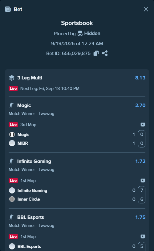 Bet slip: BBL Esports - 3DMAX, $20,000.00 stake at 1.75 odds, placed by Hidden