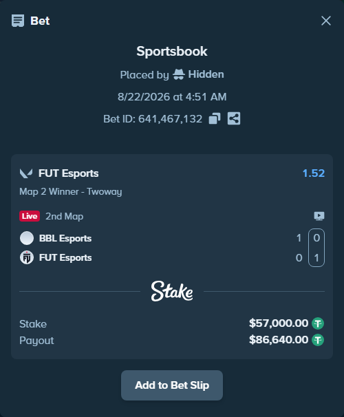 Bet slip: BBL Esports - FUT Esports, $57,000.00 stake at 1.52 odds, placed by Hidden