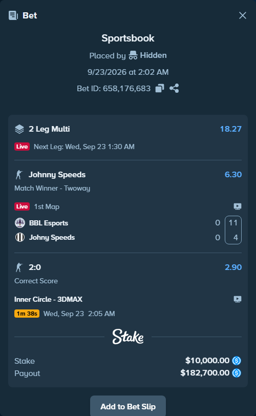 Bet slip: BBL Esports - Johnny Speeds, $10,000.00 stake at 6.30 odds, placed by Hidden
