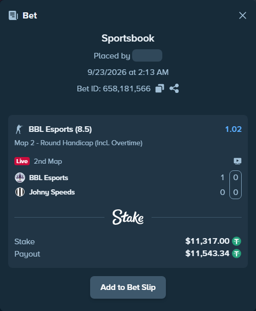Bet slip: BBL Esports - Johnny Speeds, $11,317.00 stake at 1.02 odds, placed by agtop