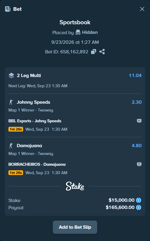 Bet slip: BBL Esports - Johnny Speeds, $15,000.00 stake at 2.30 odds, placed by Hidden