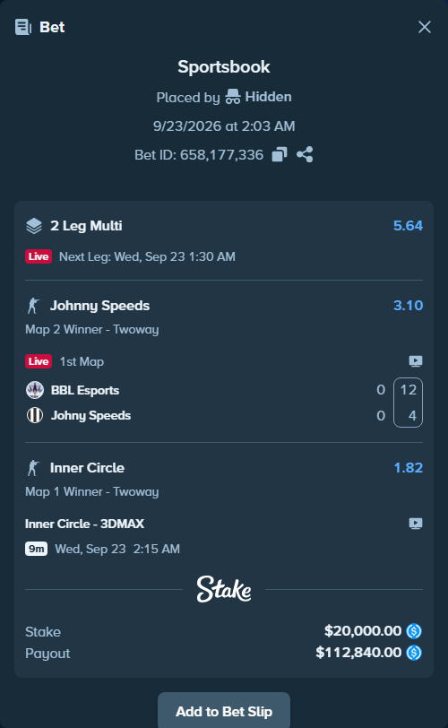 Bet slip: BBL Esports - Johnny Speeds, $20,000.00 stake at 3.10 odds, placed by Hidden
