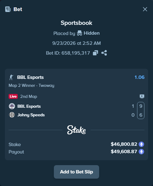 Bet slip: BBL Esports - Johnny Speeds, $46,743.73 stake at 1.06 odds, placed by Hidden