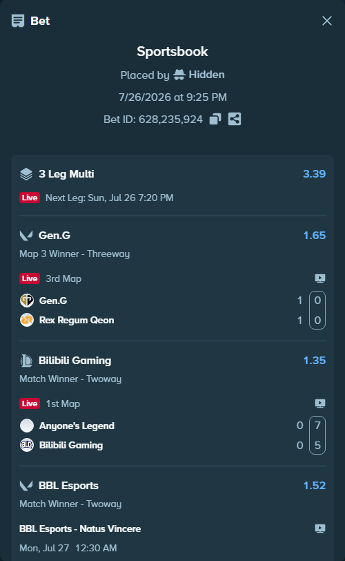 Bet slip: BBL Esports - Natus Vincere, $30,000.00 stake at 1.52 odds, placed by Hidden