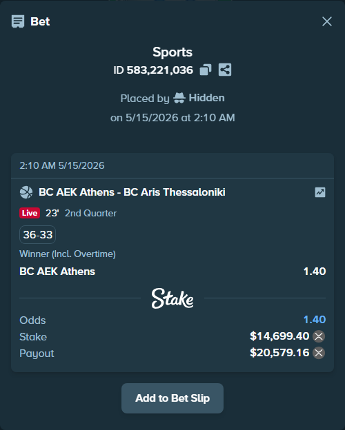 Bet slip: BC AEK Athens - BC Aris Thessaloniki, $11,500.00 stake at 1.40 odds, placed by Hidden