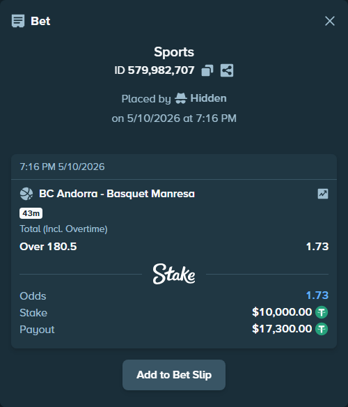 Bet slip: BC Andorra - Basquet Manresa, $10,000.00 stake at 1.73 odds, placed by Hidden