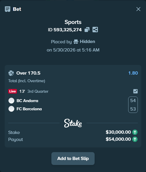 Bet slip: BC Andorra - FC Barcelona, $30,030.00 stake at 1.80 odds, placed by Hidden