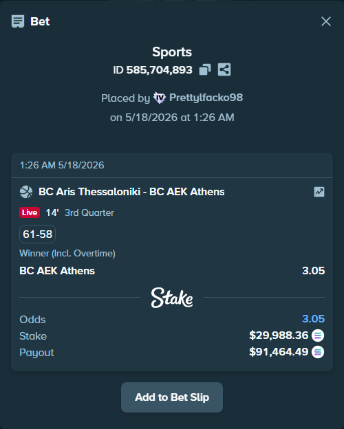 Bet slip: BC Aris Thessaloniki - BC AEK Athens, $25,392.03 stake at 3.05 odds, placed by Prettylfacko98
