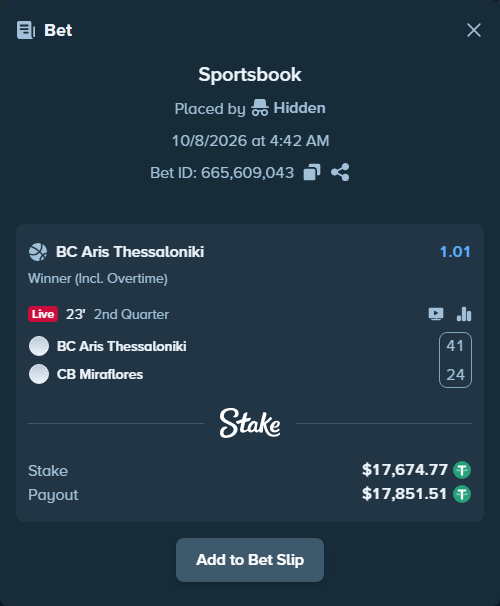 Bet slip: BC Aris Thessaloniki - CB San Pablo Burgos, $17,673.00 stake at 1.01 odds, placed by Hidden