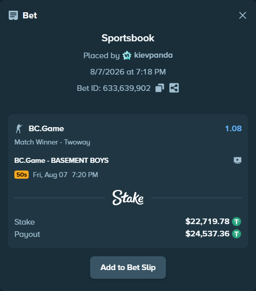 Bet slip: BC.Game - BASEMENT BOYS, $22,742.50 stake at 1.08 odds, placed by kievpanda