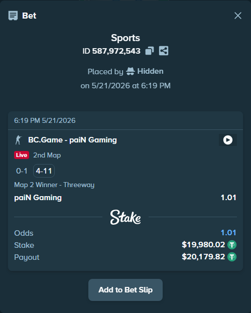 Bet slip: BC.Game - paiN Gaming, $20,000.00 stake at 1.01 odds, placed by Hidden
