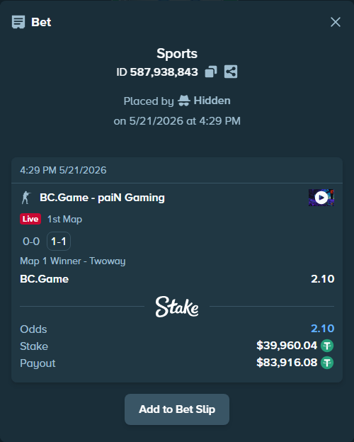 Bet slip: BC.Game - paiN Gaming, $40,000.00 stake at 2.10 odds, placed by Hidden