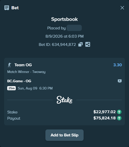 Bet slip: BC.Game - Team OG, $23,000.00 stake at 3.30 odds, placed by kievpanda