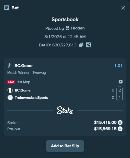 Bet slip: BC.Game - Trainwrecks eSports, $15,358.05 stake at 1.01 odds, placed by Hidden