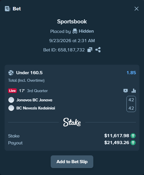 Bet slip: BC Jonava - BC Nevezis Kedainiai, $11,617.98 stake at 1.85 odds, placed by Hidden