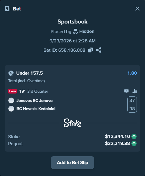 Bet slip: BC Jonava - BC Nevezis Kedainiai, $12,344.10 stake at 1.80 odds, placed by Hidden
