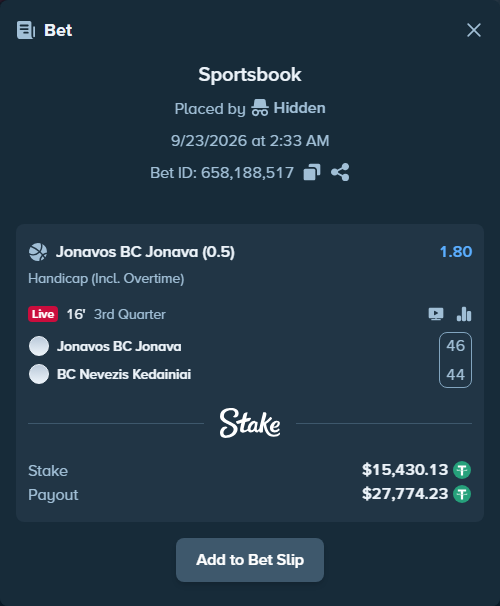 Bet slip: BC Jonava - BC Nevezis Kedainiai, $15,430.13 stake at 1.80 odds, placed by Hidden