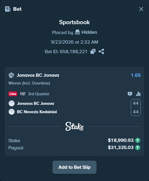Bet slip: BC Jonava - BC Nevezis Kedainiai, $18,990.93 stake at 1.65 odds, placed by Hidden