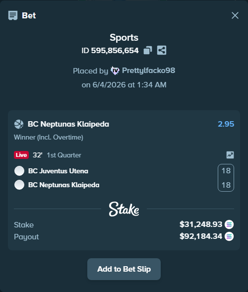 Bet slip: BC Juventus Utena - BC Neptunas Klaipeda, $31,221.12 stake at 2.95 odds, placed by Prettylfacko98