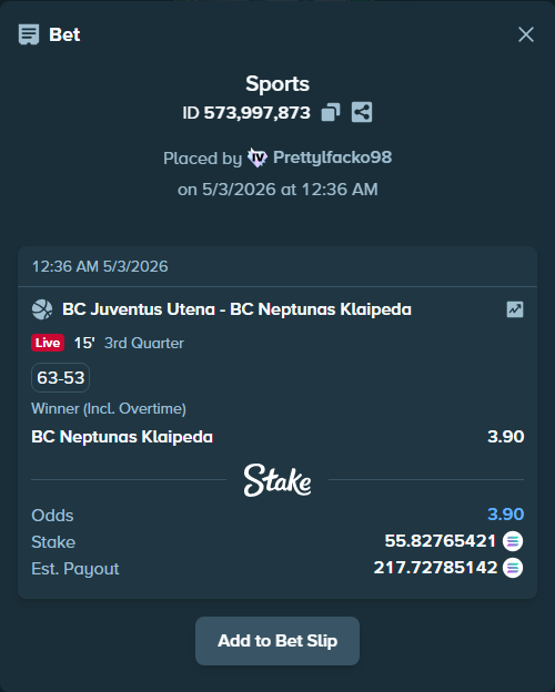 Bet slip: BC Juventus Utena - BC Neptunas Klaipeda, $4,104.45 stake at 3.90 odds, placed by Prettylfacko98