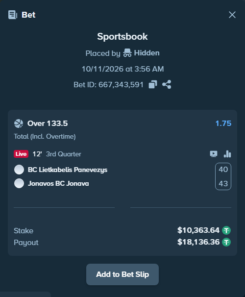 Bet slip: BC Lietkabelis Panevezys - BC Jonava, $10,374.00 stake at 1.75 odds, placed by Kriski99