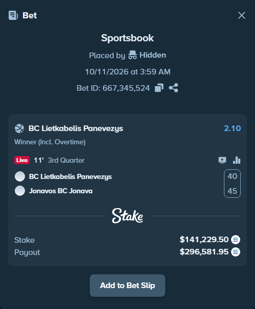 Bet slip: BC Lietkabelis Panevezys - BC Jonava, $141,382.97 stake at 2.10 odds, placed by Prettylfacko98