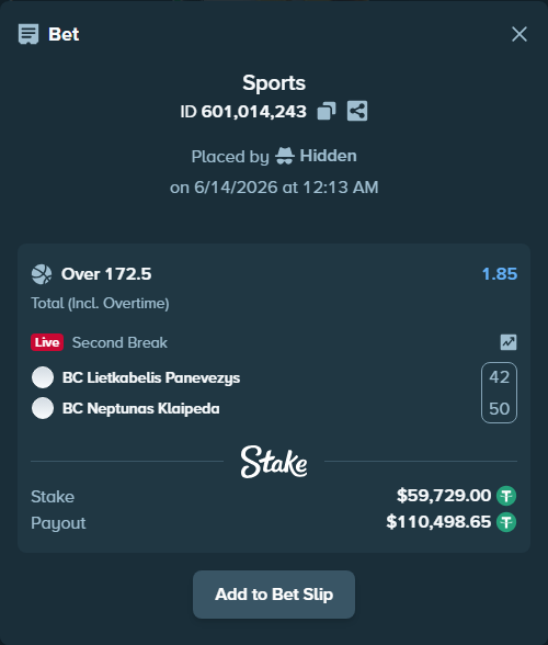 Bet slip: BC Lietkabelis Panevezys - BC Neptunas Klaipeda, $59,788.73 stake at 1.85 odds, placed by Hidden