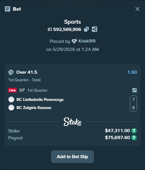 Bet slip: BC Lietkabelis Panevezys - BC Zalgiris Kaunas, $47,405.62 stake at 1.60 odds, placed by Kriski99