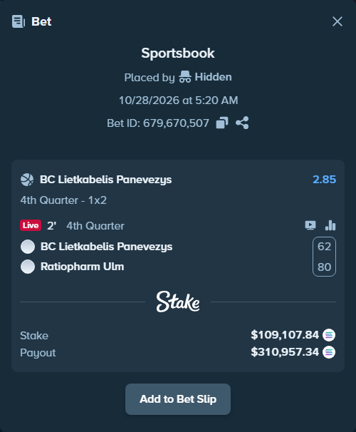 Bet slip: BC Lietkabelis Panevezys - Ulm Basketball, $109,162.83 stake at 2.85 odds, placed by Prettylfacko98