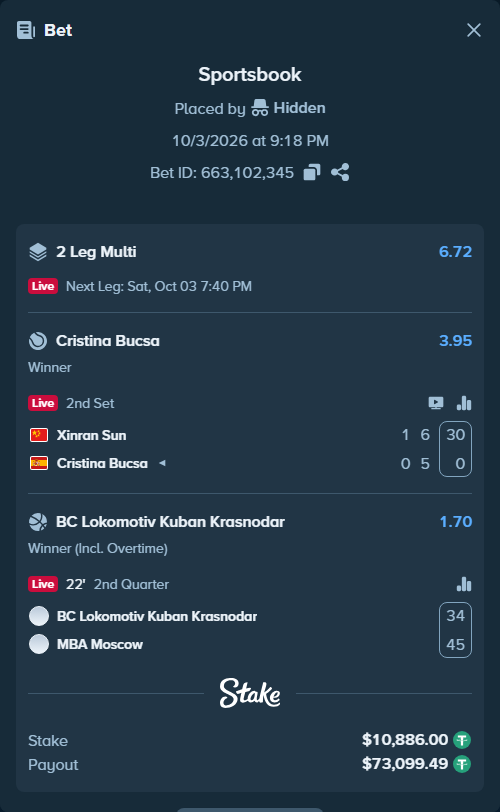 Bet slip: BC Lokomotiv Kuban - MBA Moscow, $10,886.00 stake at 1.70 odds, placed by Hidden