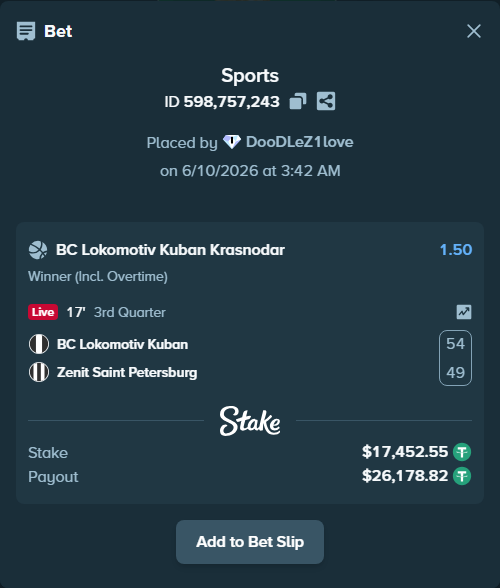 Bet slip: BC Lokomotiv Kuban - Zenit Saint Petersburg, $17,470.00 stake at 1.50 odds, placed by DooDLeZ1love