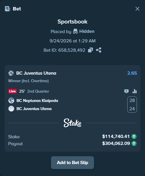 Bet slip: BC Neptunas Klaipeda - BC Juventus Utena, $114,740.41 stake at 2.65 odds, placed by Hidden