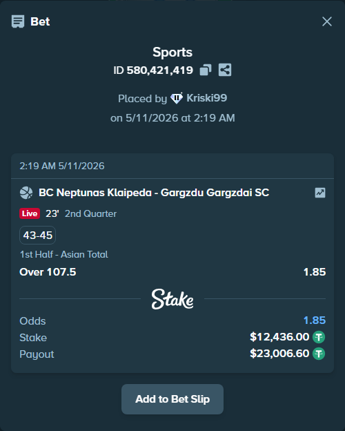 Bet slip: BC Neptunas Klaipeda - Gargzdai Basketball, $12,436.00 stake at 1.85 odds, placed by Kriski99