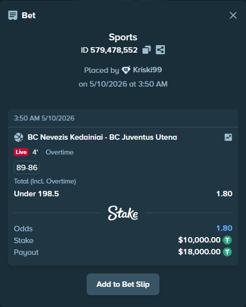 Bet slip: BC Nevezis Kedainiai - BC Juventus Utena, $10,000.00 stake at 1.80 odds, placed by Kriski99
