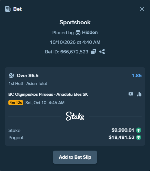 Bet slip: BC Olympiakos Piraeus - Anadolu Efes SK, $10,000.00 stake at 1.85 odds, placed by Theketkitkitty