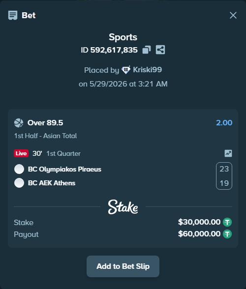 Bet slip: BC Olympiakos Piraeus - BC AEK Athens, $30,030.00 stake at 2.00 odds, placed by Kriski99