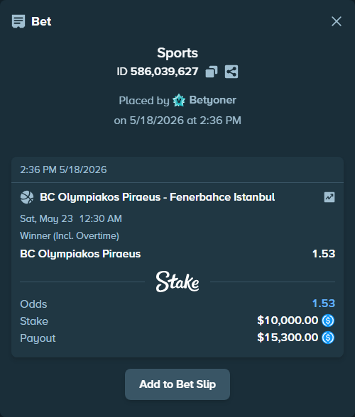 Bet slip: BC Olympiakos Piraeus - Fenerbahce Istanbul, $10,000.00 stake at 1.53 odds, placed by Betyoner