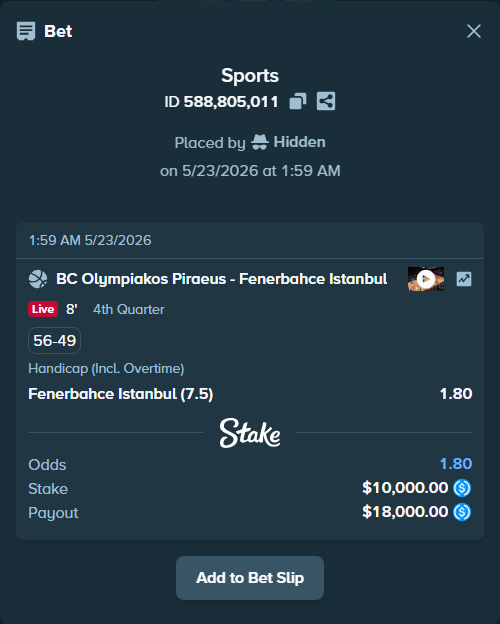 Bet slip: BC Olympiakos Piraeus - Fenerbahce Istanbul, $10,000.00 stake at 1.80 odds, placed by Hidden