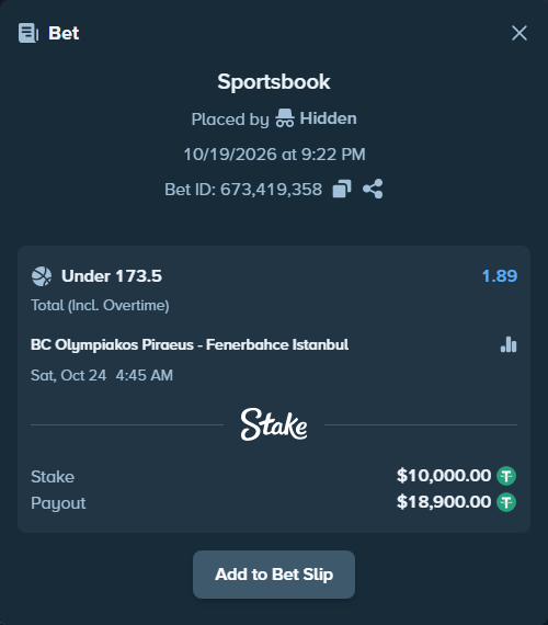 Bet slip: BC Olympiakos Piraeus - Fenerbahce Istanbul, $10,010.00 stake at 1.89 odds, placed by Hidden