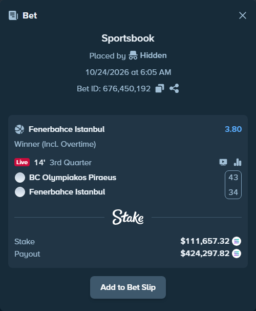 Bet slip: BC Olympiakos Piraeus - Fenerbahce Istanbul, $111,919.21 stake at 3.80 odds, placed by Prettylfacko98